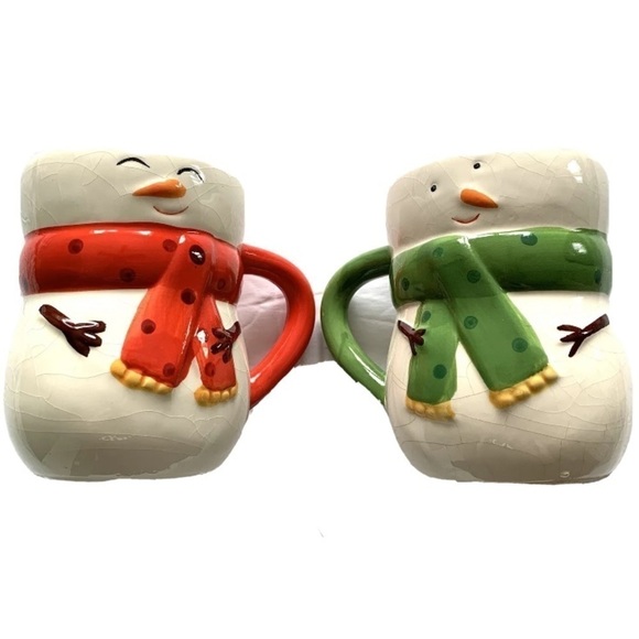 Bay Island Inc Snowman Coffee Mugs Tea Hot Chocolate Cups Set Of 2 Red & Green - Picture 1 of 7